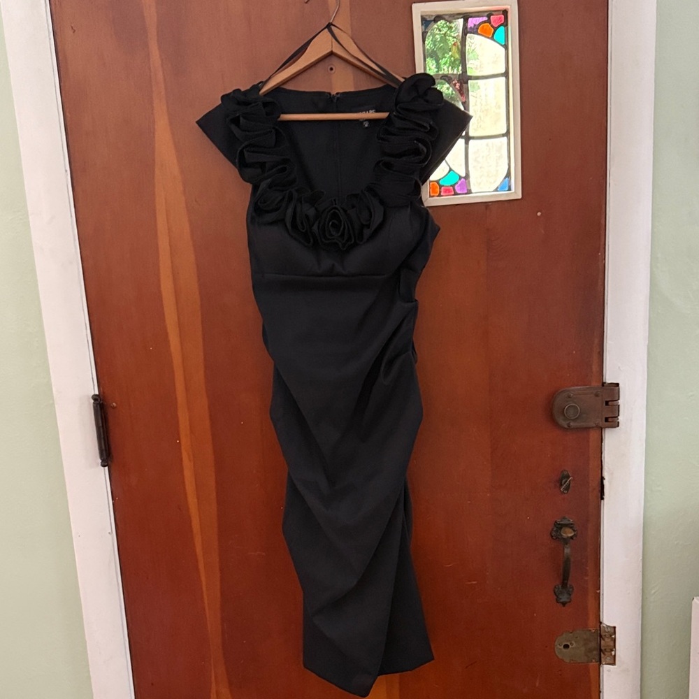 Xscape Black Midi Dress with Ruffled Neckline